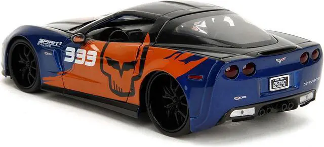 Alt view image 5 of 11 - 2006 Chevrolet Corvette Z06 #333 "Spirit Racing" Blue Metallic and Orange with Black Hood and Top 1/24 Diecast Model Car by Jada
