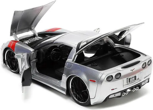 Alt view image 4 of 11 - 2006 Chevrolet Corvette Z06 Silver Metallic with Red Stripes "Bigtime Muscle" Series 1/24 Diecast Model Car by Jada