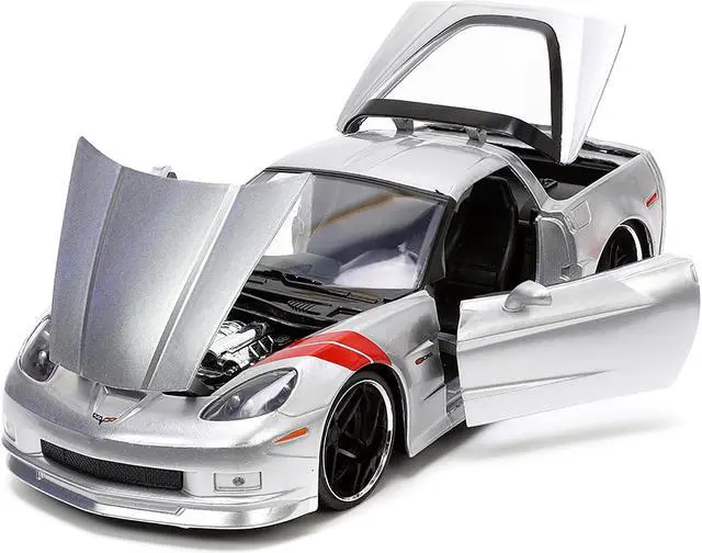 Alt view image 2 of 11 - 2006 Chevrolet Corvette Z06 Silver Metallic with Red Stripes "Bigtime Muscle" Series 1/24 Diecast Model Car by Jada