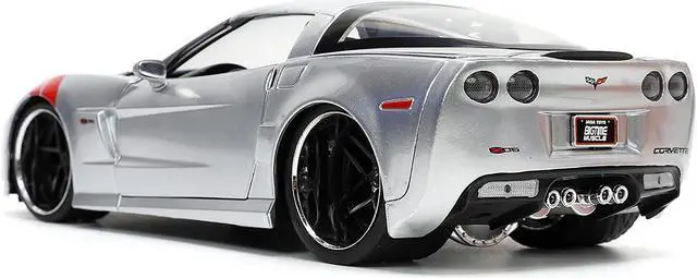 Alt view image 5 of 11 - 2006 Chevrolet Corvette Z06 Silver Metallic with Red Stripes "Bigtime Muscle" Series 1/24 Diecast Model Car by Jada