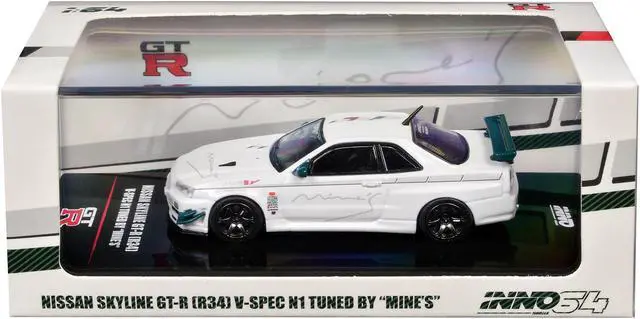 Alt view image 4 of 4 - Nissan Skyline GT-R (R34) V-SPEC N1 RHD (Right Hand Drive) "Tuned by Mine's" White 1/64 Diecast Model Car by Inno Models