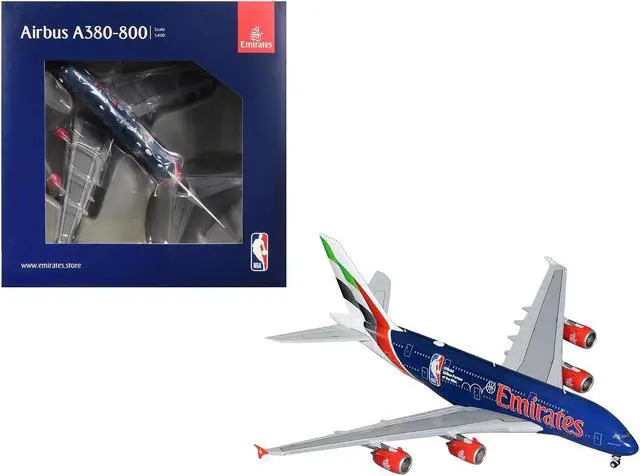 Main image of Airbus A380-800 Commercial Aircraft "Emirates Airlines" Dark Blue with Striped Tail 1/400 Diecast Model by GeminiJets