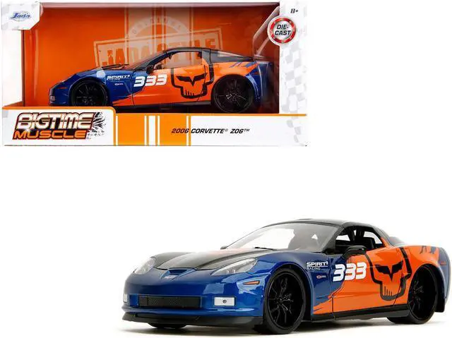 Main image of 2006 Chevrolet Corvette Z06 #333 "Spirit Racing" Blue Metallic and Orange with Black Hood and Top 1/24 Diecast Model Car by Jada