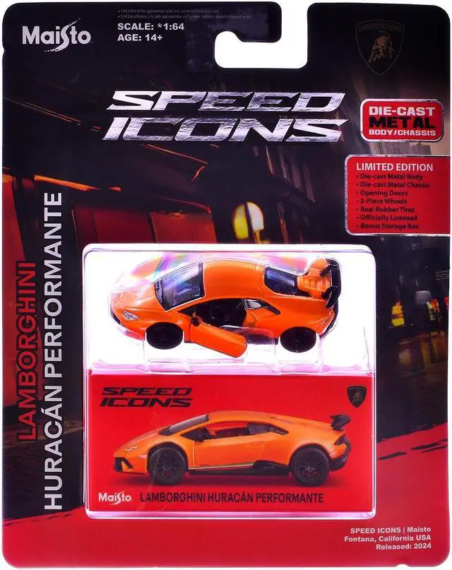 Alt view image 3 of 4 - Lamborghini Huracan Performante Orange "Speed Icons" Series 1/64 Diecast Model Car by Maisto