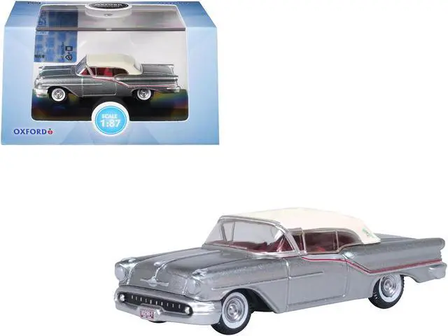 Main image of 1957 Oldsmobile 88 Convertible Juneau Gray with White Top and Red Interior 1/87 (HO) Scale Diecast Model Car by Oxford Diecast