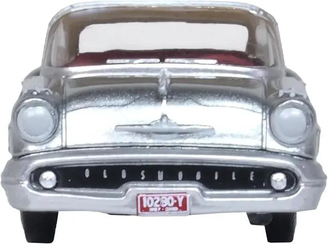 Alt view image 3 of 6 - 1957 Oldsmobile 88 Convertible Juneau Gray with White Top and Red Interior 1/87 (HO) Scale Diecast Model Car by Oxford Diecast