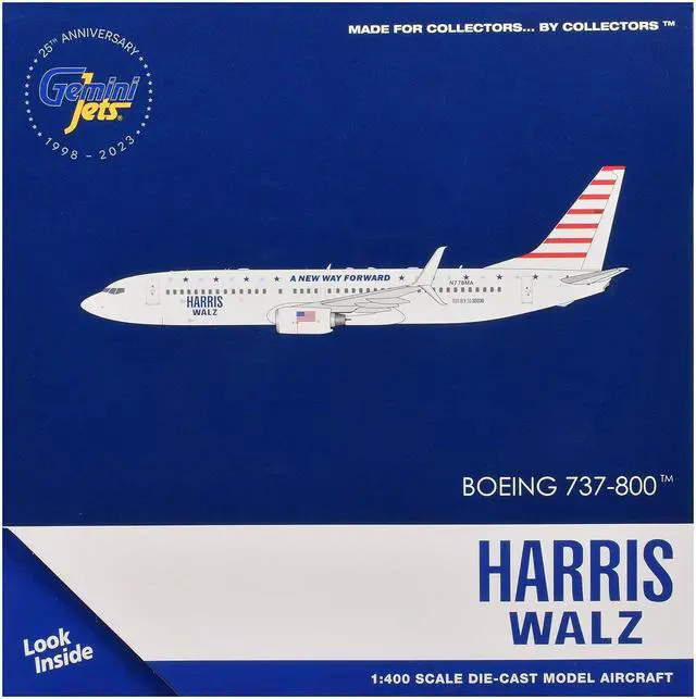Alt view image 3 of 3 - Boeing 737-800 Commercial Aircraft "Harris-Walz Campaign" (N778MA) White with Striped Tail 1/400 Diecast Model by GeminiJets