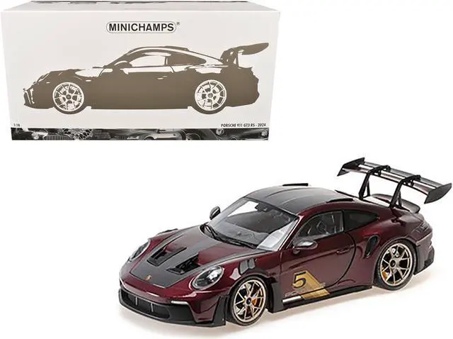 Main image of 2024 Porsche 911 GT3 RS #5 Purple with Carbon Top and Hood Stripes Limited Ed to 400 pieces 1/18 Diecast Model Car by Minichamps