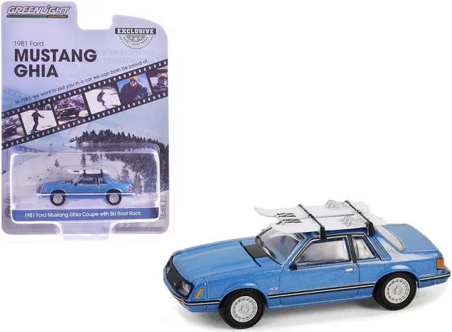 Main image of 1981 Ford Mustang Ghia Coupe Blue Glow Metallic with Ski Roof Rack "Hobby Exclusive" Series 1/64 Diecast Model Car by Greenlight