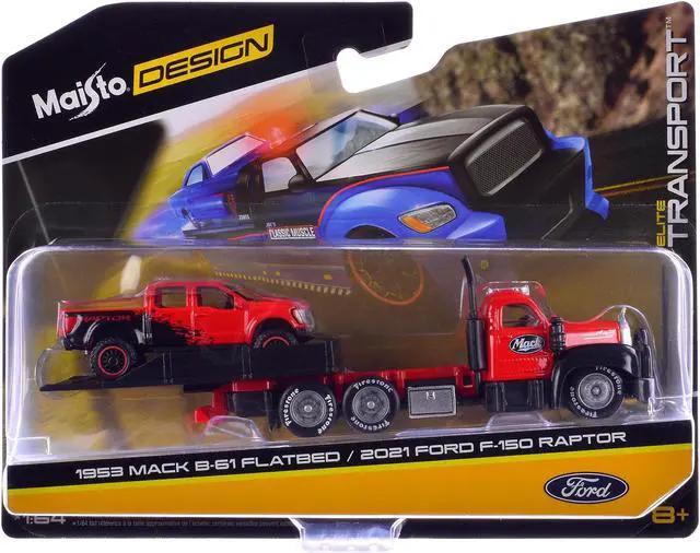 Main image of 1953 Mack B-61 Flatbed Truck Red with Black and 2021 Ford F-150 Raptor Pickup Truck Red and Black 1/64 Diecast Models by Maisto