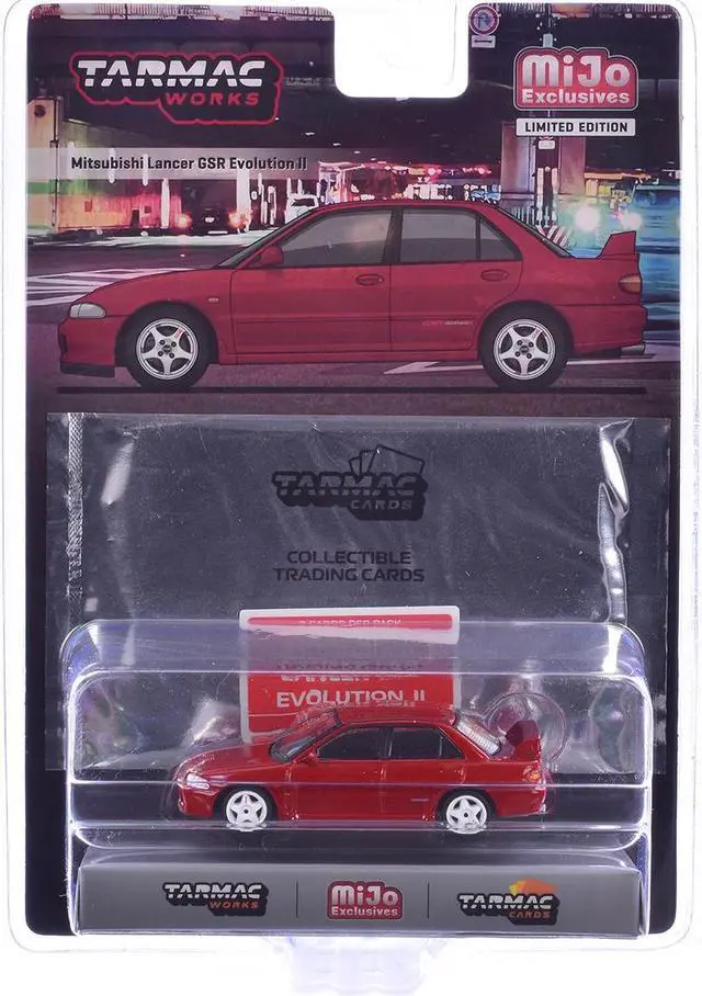 Alt view image 3 of 3 - Mitsubishi Lancer GSR Evolution II RHD (Right Hand Drive) Red with Tarmac Cards "Global64" 1/64 Diecast Model by Tarmac Works