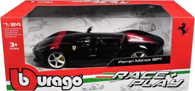 Alt view image 3 of 3 - Ferrari Monza SP1 Black Metallic with Red Stripes "Race & Play" Series 1/24 Diecast Model Car by Bburago