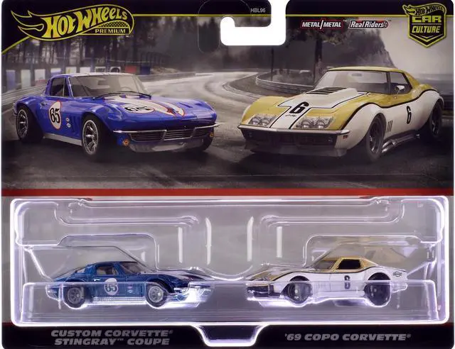 Main image of Chevrolet Corvette Stingray Coupe #65 Blue Met with White & 1969 Chevrolet #6 Gold Met & White Diecast Model Cars by Hot Wheels
