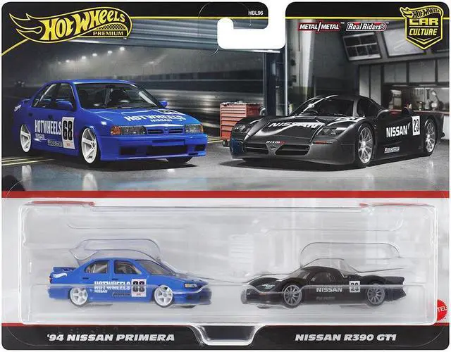 Main image of 1994 Nissan Primera RHD #68 Blue and Nissan R390 GT1 #23 Matt Black "Car Culture" Set of 2 Cars Diecast Model Cars by Hot Wheels