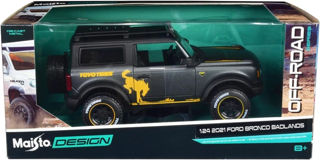 Alt view image 3 of 3 - 2021 Ford Bronco Badlands Dark Gray Metallic with Gold Graphics and Roof Rack "Off-Road" 1/24 Diecast Model Car by Maisto