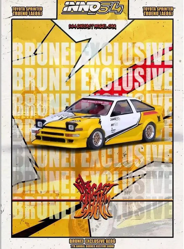 Alt view image 2 of 3 - Toyota Sprinter Trueno (AE86) "Brunei Diecast Kustom Show 2024" White & Yellow w/Graphics 1/64 Diecast Model Car by Inno Models