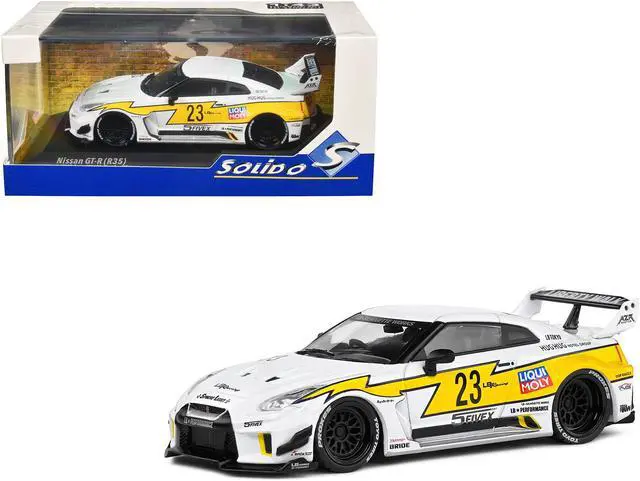 Main image of 2019 Nissan GTR35 "LBWK Silhouette" RHD (Right Hand Drive) #23 White with Yellow Graphics 1/43 Diecast Model Car by Solido