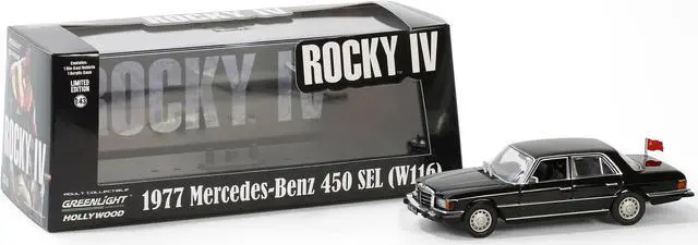 Alt view image 3 of 4 - 1977 Mercedes-Benz 450 SEL (W116) Black with Soviet Flag "Rocky IV" (1985) Movie 1/43 Diecast Model Car by Greenlight