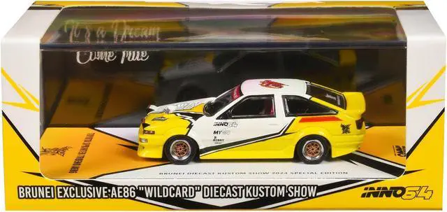Main image of Toyota Sprinter Trueno (AE86) "Brunei Diecast Kustom Show 2024" White & Yellow w/Graphics 1/64 Diecast Model Car by Inno Models
