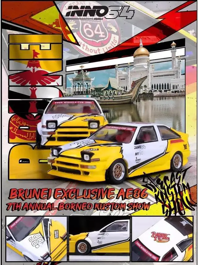 Alt view image 3 of 3 - Toyota Sprinter Trueno (AE86) "Brunei Diecast Kustom Show 2024" White & Yellow w/Graphics 1/64 Diecast Model Car by Inno Models