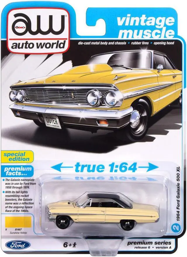 Alt view image 4 of 4 - 1964 Ford Galaxie 500 XL Sunshine Yellow with Black Top "Vintage Muscle" Series 1/64 Diecast Model Car by Auto World