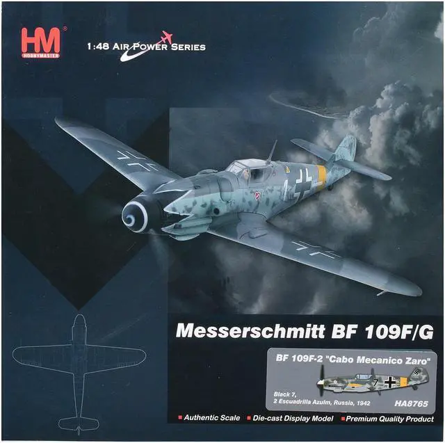 Alt view image 6 of 6 - Messerschmitt Bf 109F-2 Fighter Aircraft "Escuadrilla Azul, Russia" (1942) Spanish Air Force 1/48 Diecast Model by Hobby Master