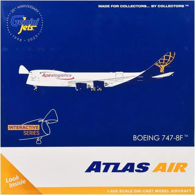Alt view image 3 of 3 - Boeing 747-8F Commercial Aircraft "Atlas Air" White with Blue "Interactive Series" 1/400 Diecast Model Airplane by GeminiJets