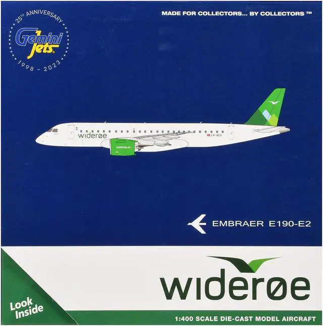 Alt view image 3 of 3 - Embraer E190-E2 Commercial Aircraft "Wideroe" (LN-WEA) White with Green Tail 1/400 Diecast Model Airplane by GeminiJets