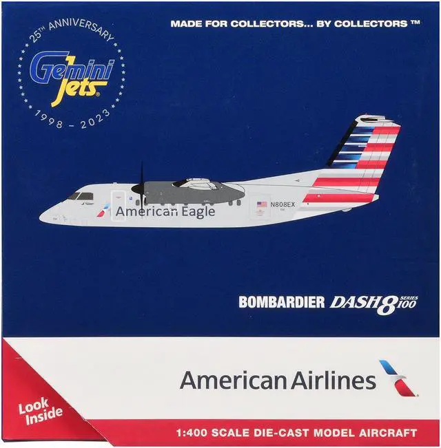 Alt view image 3 of 3 - Bombardier Dash 8-100 Commercial Aircraft "American Airlines" Gray with Striped Tail 1/400 Diecast Model Airplane by GeminiJets