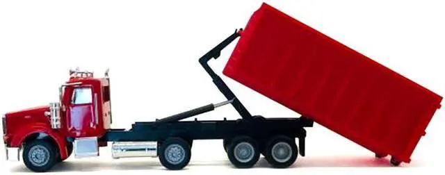 Alt view image 4 of 9 - Peterbilt 367 Roll-Off Dump Truck Red with Red Box 1/87 (HO) Plastic Model Car by Promotex