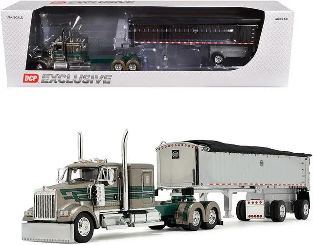 Main image of Kenworth W900L with 60" Sleeper and MAC Coal Dump Trailer Tan Met w/Green 1/64 Diecast Model by DCP/First Gear