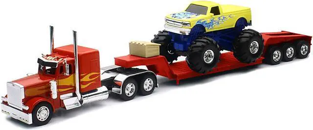 Alt view image 4 of 6 - Peterbilt 379 Truck with Lowboy Trailer Red w/Orange Flames and Monster Truck Yellow w/Blue Flames 1/32 Diecast Model by New Ray