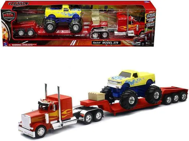 Alt view image 6 of 6 - Peterbilt 379 Truck with Lowboy Trailer Red w/Orange Flames and Monster Truck Yellow w/Blue Flames 1/32 Diecast Model by New Ray