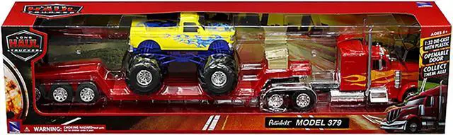 Alt view image 5 of 6 - Peterbilt 379 Truck with Lowboy Trailer Red w/Orange Flames and Monster Truck Yellow w/Blue Flames 1/32 Diecast Model by New Ray