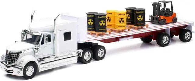 Alt view image 4 of 6 - International Lonestar Flatbed Truck White with 6 Toxic Barrels, 3 Pallets and Forklift 1/32 Diecast Model by New Ray