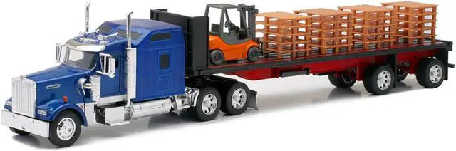 Alt view image 2 of 6 - Kenworth W900 Truck with Flatbed Trailer Blue with Forklift and Pallets "Long Haul Truckers" 1/32 Diecast Model by New Ray