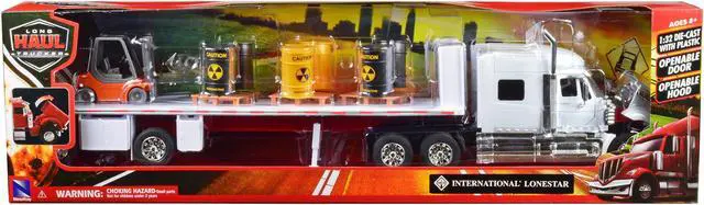 Alt view image 5 of 6 - International Lonestar Flatbed Truck White with 6 Toxic Barrels, 3 Pallets and Forklift 1/32 Diecast Model by New Ray
