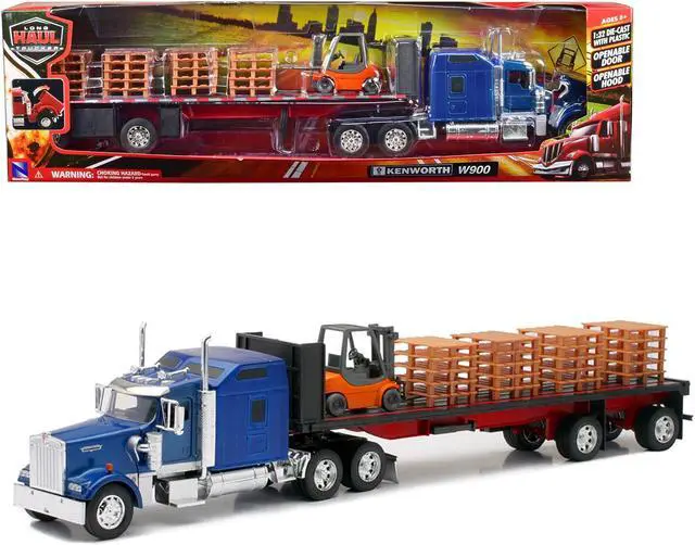 Main image of Kenworth W900 Truck with Flatbed Trailer Blue with Forklift and Pallets "Long Haul Truckers" 1/32 Diecast Model by New Ray