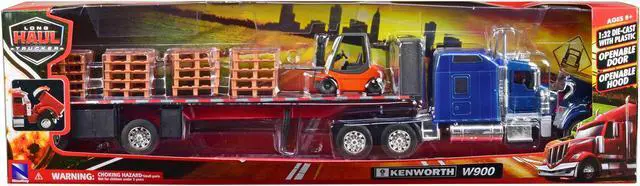 Alt view image 3 of 6 - Kenworth W900 Truck with Flatbed Trailer Blue with Forklift and Pallets "Long Haul Truckers" 1/32 Diecast Model by New Ray