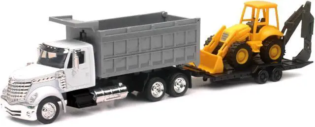 Alt view image 2 of 6 - International Lonestar Dump Truck White and Wheel Loader Yellow with Flatbed Trailer 1/43 Diecast Model by New Ray