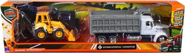 Alt view image 5 of 6 - International Lonestar Dump Truck White and Wheel Loader Yellow with Flatbed Trailer 1/43 Diecast Model by New Ray