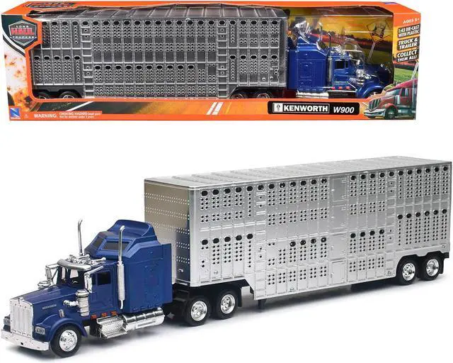 Main image of Kenworth W900 Truck Blue with Potbelly Livestock Trailer Chrome "Long Haul Truckers" Series 1/43 Diecast Model by New Ray