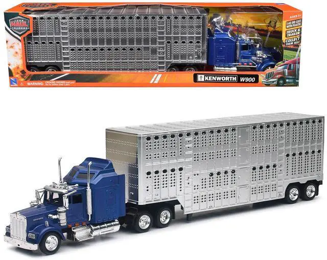 Alt view image 6 of 6 - Kenworth W900 Truck Blue with Potbelly Livestock Trailer Chrome "Long Haul Truckers" Series 1/43 Diecast Model by New Ray