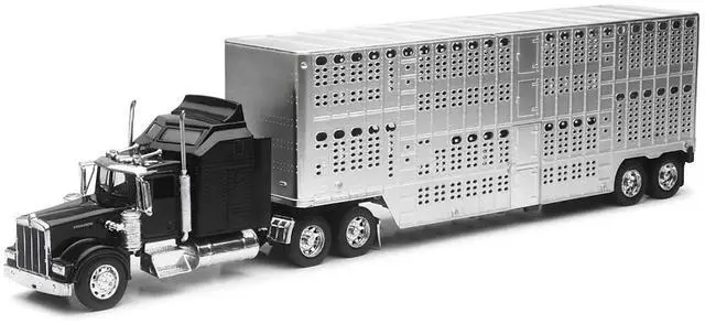 Alt view image 2 of 6 - Kenworth W900 Truck Black with Pot Belly Livestock Chrome "Long Haul Truckers" Series 1/32 Diecast Model by New Ray