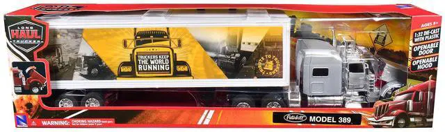 Alt view image 5 of 6 - Peterbilt 389 Truck Silver Metallic with Dry Van Trailer "Trucker Keep The World Running" 1/32 Diecast Model by New Ray