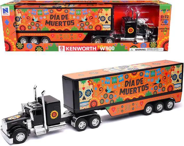 Main image of Kenworth W900 Truck Black with Graphics and Dry Van Trailer "Day of the Dead / Dia De Muertos" 1/32 Diecast Model by New Ray