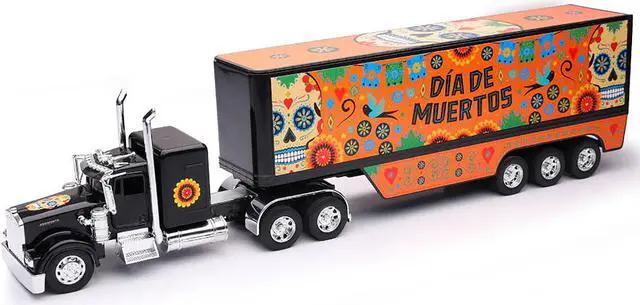 Alt view image 2 of 6 - Kenworth W900 Truck Black with Graphics and Dry Van Trailer "Day of the Dead / Dia De Muertos" 1/32 Diecast Model by New Ray