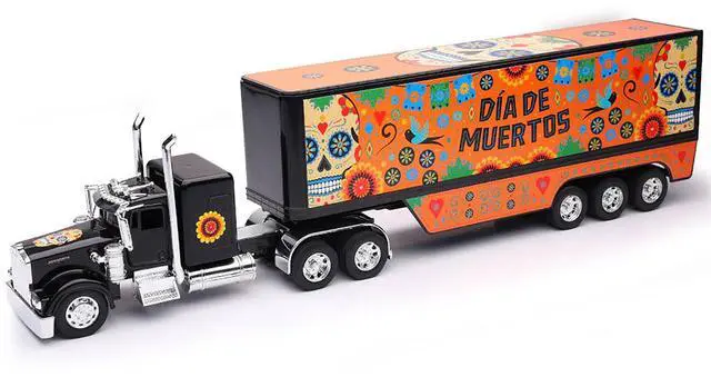 Alt view image 4 of 6 - Kenworth W900 Truck Black with Graphics and Dry Van Trailer "Day of the Dead / Dia De Muertos" 1/32 Diecast Model by New Ray