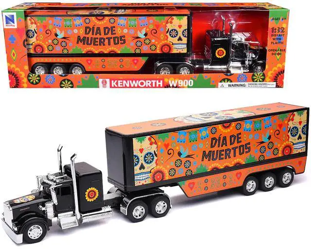 Alt view image 6 of 6 - Kenworth W900 Truck Black with Graphics and Dry Van Trailer "Day of the Dead / Dia De Muertos" 1/32 Diecast Model by New Ray