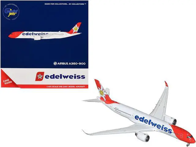Alt view image 6 of 6 - Airbus A350-900 Commercial Aircraft with Flaps Down Configuration "Edelweiss Air" White w/Red 1/400 Diecast Model by GeminiJets